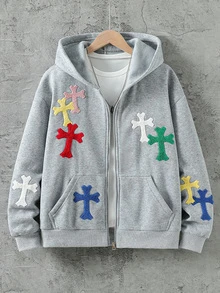 青少年男孩多色雪尼爾拼接連帽拉鍊運動衫，青少年男孩休閒麻灰色秋冬夾克附口袋，秋季服飾，秋季風格 - 灰色 - 查看 3