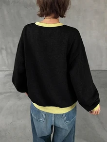 FRIFUL Sweatshirt Longgar Wanita Gaya Korea Baru Awal Musim Gugur dengan Kain Waffle Warna-warni - Hitam - View 2