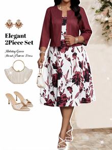 SHEIN Lady Plus Size Women Solid Color Long Sleeve Jacket & Floral Print Dress 2pcs Set - Burgundy - View 7