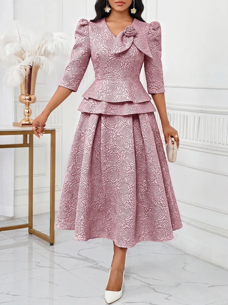 SHEIN Lady Women's 3D Floral Decor Top And Skirt Fashion 2 Pieces Set - Pink - View 1