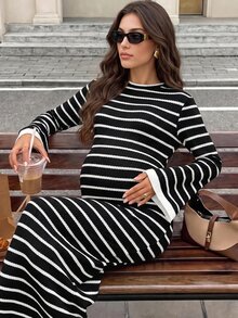 MaterniWear Gaun Hamil Motif Garis Kasual untuk Harian, Musim Panas dan Traveling - Hitam - View 3