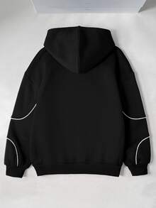 SHEIN 青少年女孩拼色連帽休閒Y2K日常長袖冬季衛衣 生日告別黑色秋季款 - 黑色 - 查看 5