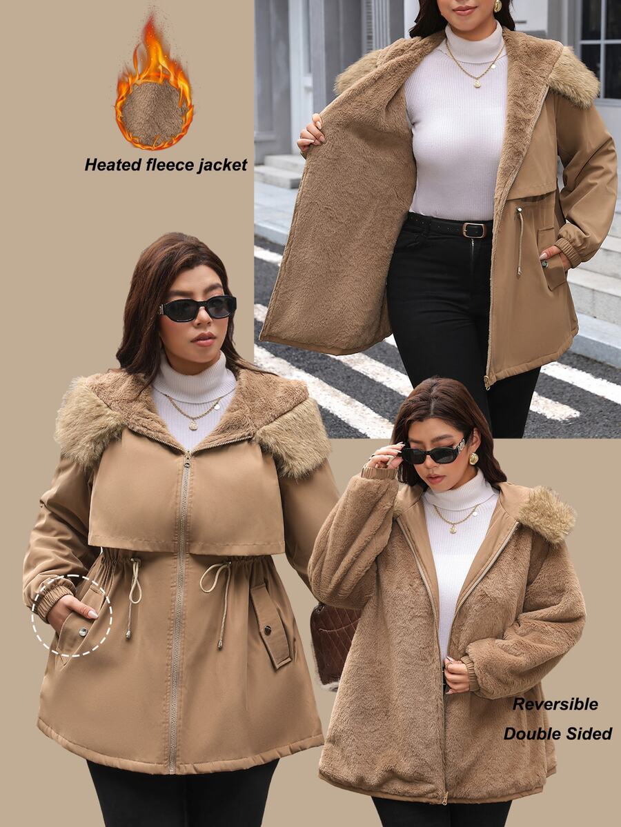 Comfylo Plus Size Women's Fur Collar Zipper Pocket Design Winter Jacket - Brown - View 1