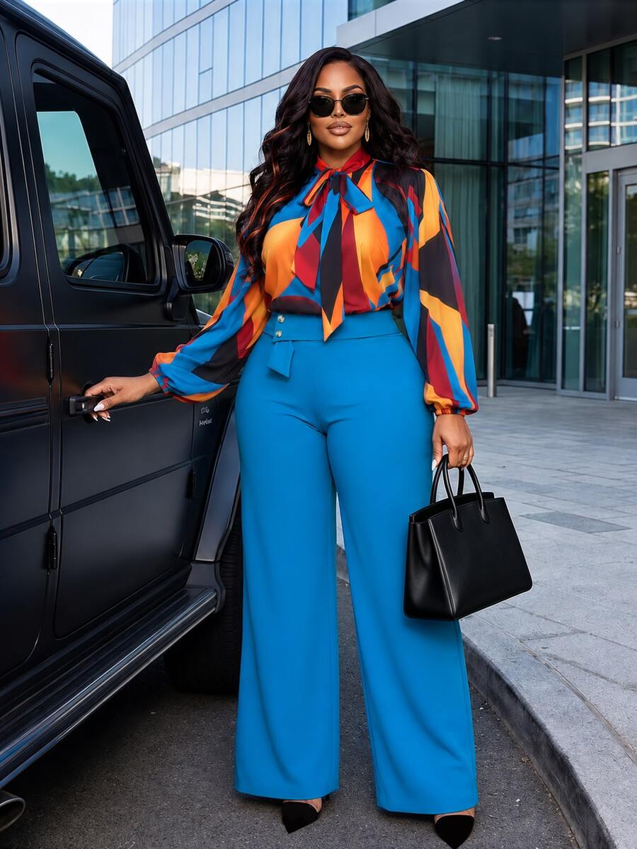 Poshavie Poshavie Setelan 2 Potong untuk Wanita dengan Blus Motif Blok Warna dan Celana Panjang Lebar - Biru - View 1