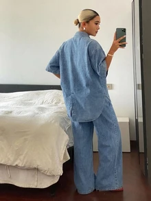 Livesso Autumn Women's Denim Set With Light Blue Washed Short Sleeve Button-Up Collar Top And Skirt - Blue - View 2