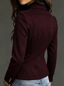 SHEIN 女款法式復古立領雙排扣金鈕扣收腰短版龍鳳羊毛夾克，宮廷風緞帶裝飾修身夾克上衣 - 酒紅色 - 查看 2