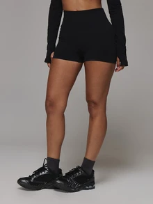 Musera Sport High Rise Ribbed Logo Back Seamless Scrunch Bum Mini Active Coord Shorts Only Sport Essentials Basics Autumn Fall Winter - Black - View 3