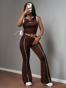 Slaydiva 2026 Spring/Summer New Arrival Casual Basic Versatile Slim Fit Solid Blue Color-Blocked Label Vest + - Rust Brown - View 7