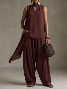 Zivah Women's Solid Color Top And Long Pants Casual Daily Set - Rust Brown - View 6
