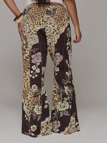MUSERA Plus Size Leopard Print Floral Detail Lace Up Flare Trousers Spring Summer Casual Everyday Day Outfit Going Out - Multicolor - View 4