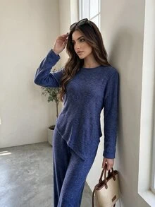 Solavon Women's Solid Color Long Sleeve Asymmetric Hem Top And Pants Arabic Clothing Set - Blue - View 3