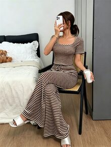 Napfluff Women's Knit Striped Casual Wide Leg Pajama Set - Brown - View 5