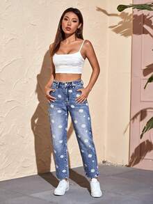 SHEIN PETITE 女款休閒日常牛仔褲，附口袋、鈕扣與花卉圖案 - 藍色 - 查看 6