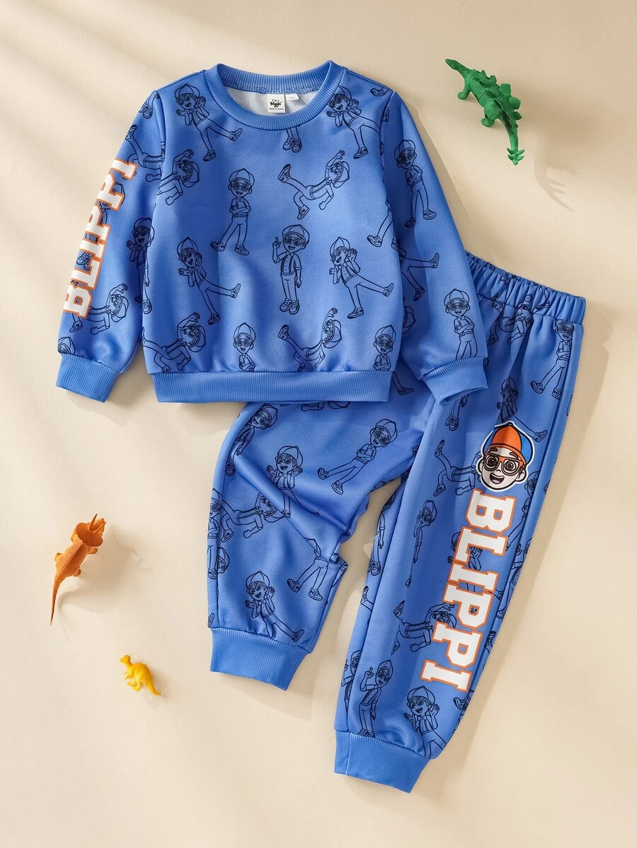 Blippi X SHEIN 小男孩圓領條紋字母印花衛衣與長褲套裝 - 藍色 - 查看 1