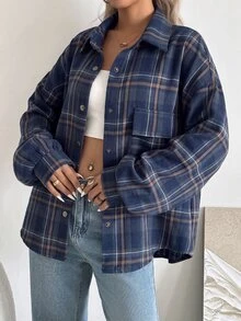 Breezaya 女款格紋落肩長袖單排扣休閒寬鬆襯衫 - 藏蓝色 - 查看 6