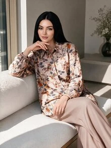 SHEIN Lady CURVE Plus Size Women's Botanical Print Long Sleeve Shirt And Pants Casual 2 Pieces Set - Beige - View 7