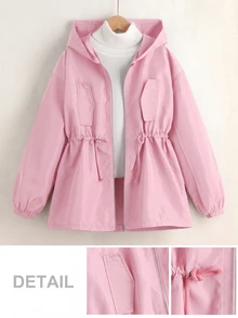 SHEIN 青少年女孩寬鬆休閒連帽極簡純色收腰長袖百搭風衣 - 粉色 - 查看 4