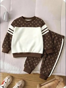 兒童嬰幼兒圓領休閒舒適套裝，加厚保暖內裡，適合秋冬穿著 - 彩色 - 查看 4