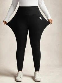 SHEIN CURVE+ 大尺碼女款亮片高彈性緊身內搭褲 - 黑色 - 查看 6