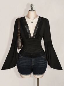 SHEIN ICON Women Plus Size Deep V Neck Lace Patchwork Casual Daily Wear Blouse Fall - Black - View 4
