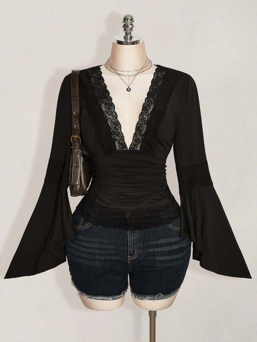 SHEIN ICON Women Plus Size Deep V Neck Lace Patchwork Casual Daily Wear Blouse Fall - Black - View 1