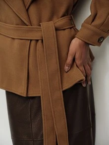 Aveloria Modichic Women Overcoat Oversized Wrap Woolen Wide Lapel Belted Raglan Lantern Sleeve Elegant Camel Solid Camel Coat Office Outfit Minimalist Thanksgiving - Brown - View 6