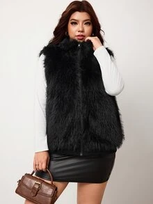 Enliva Plus Size Women's Reversible Vest Jacket Zip Front Sleeveless Faux Fur Warm Outerwear With Side Patch Pockets Flattering Compatible With Apple Shape Rounded Body - Black - View 7