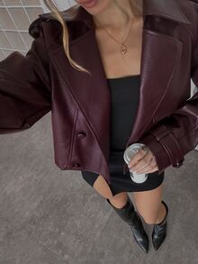 SHEIN CURVE+ Plus Size Double Breasted Lapel Pocket Long Sleeve Cropped PU Jacket Winter - Rust Brown - View 10
