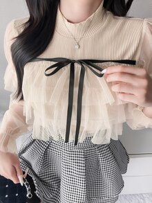 FRIFUL Women's Front Tie Patchwork Multi-Layer Mesh Ruffle Long Sleeve Top - Apricot - View 1