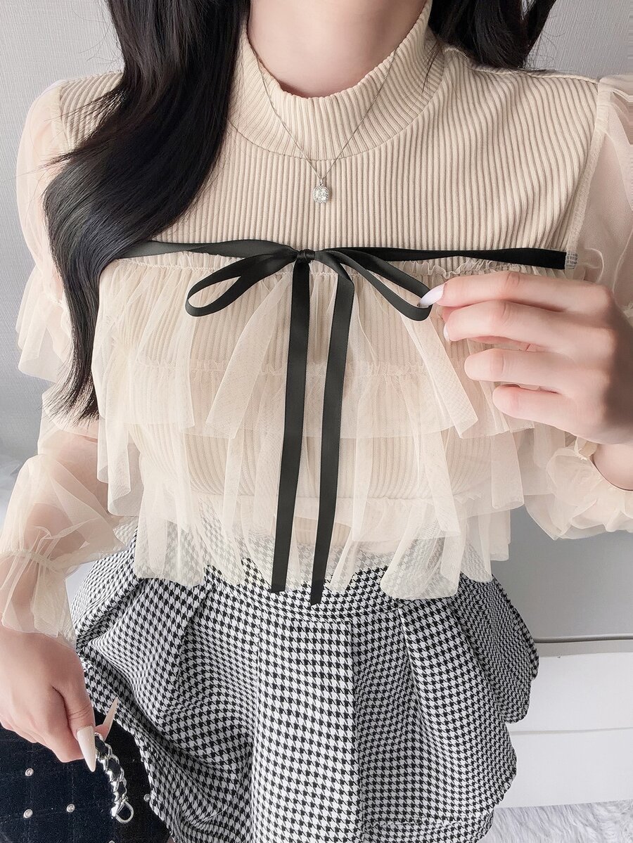 FRIFUL Women's Front Tie Patchwork Multi-Layer Mesh Ruffle Long Sleeve Top - Apricot - View 1