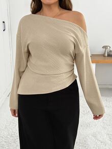 Shapeblank بلوزة نسائية مقاس كبير بلون موحد بكتف واحد للارتداء اليومي العادي - لون مشمشي - مشاهدة 2