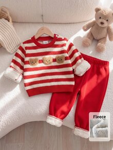 SHEIN Playful Pals 2件組新生兒男嬰女嬰衛衣＋長褲套裝，可愛紅白條紋熊貼布，長袖圓領加厚款，聖誕冬季節日，羅紋袖口 - 紅色 - 查看 3