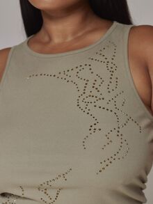 MUSERA Green Ribbed Embellished Detail Racer Top Casual Cool Basic Fall Winter Autumn - Green - View 6