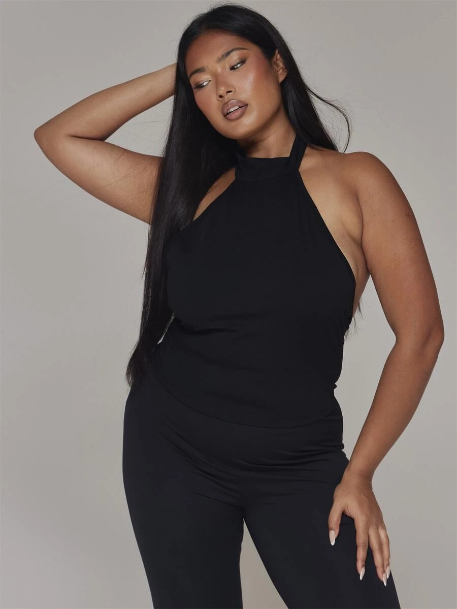 MUSERA Black Halterneck Fitted Sleeveless Top Casual Cool Basic Fall Winter Autumn - Black - View 1