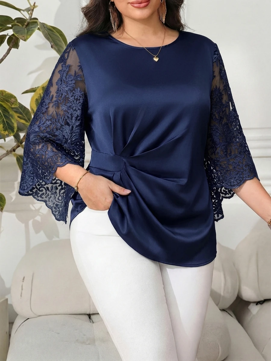 Reflora Plus Size Vintage Fashion Lace Pleated Blouse For Office - Navy Blue - View 1