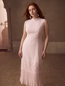 MOTF PREMIUM FASHIONABLE ELEGANT DESIGN LUXURY LACE PATCHWORK FLORAL PLEATED SLEEVELESS PLUS SIZE DRESS - Pink - View 6
