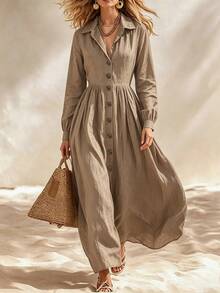 Breezaya Women Elegant Solid Long Sleeve Graduation Dress, Front Button Detail For Beach Dating Daily Commute - Khaki - View 5
