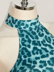 SHEIN ICON Women's Leopard Print Slim Fit Versatile Daily Wear Halter Neck Top - Blue - View 10