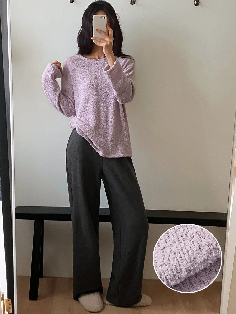 DAZY Women's Solid Color Round Neck Drop Shoulder Long Sleeve Top And Pants Loungewear Set - Purple - View 1