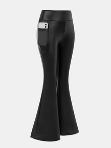 Tween Girl Autumn/Winter PU Black High Waist Elastic Compression Leggings, Snug Fit Tummy Control Yoga Pants - Black - View 5