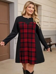 EMERY ROSE Plus Size Women Minimalist Retro Commute Style Textured Patchwork Ant Fabric Dress, Suitable For Christmas Outfit, Daily Commute, Casual Shopping, Light Party Wear - Black - View 7