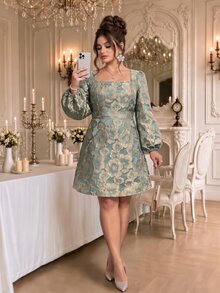 Roveilla Plus Size Women's Elegant Jacquard Square Neck Solid Color Bowknot Back Short Dress, Spring/Autumn - Green - View 4