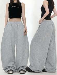 FRIFUL Women's Summer New Loose Casual Versatile Sweatpants With Back Rhinestone Letter Decor - Grey - View 5