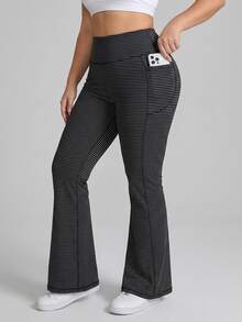 Easithlete Plus Size Black & Grey Contrast Stitching Flared Leg Pants With Pockets - Black - View 1