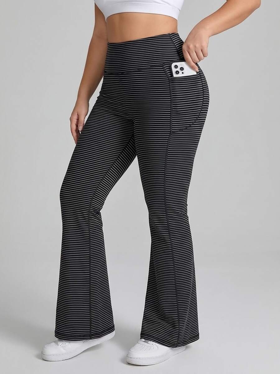 Easithlete Plus Size Black & Grey Contrast Stitching Flared Leg Pants With Pockets - Black - View 1