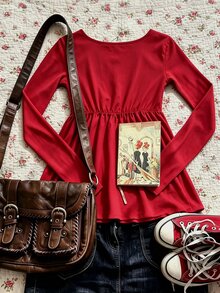 IslaSuriya Women's Long Sleeve Solid Color T-Shirt, Autumn - Red - View 2