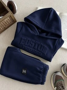 Bubblio Kids Young Boy Casual Style Loose Fit Letter Pattern Hooded Sweatshirt,Elastic Waist Long Autumn Pants Set,Back-To-School,School,Summer,Outdoor ,Party - Navy Blue - View 8