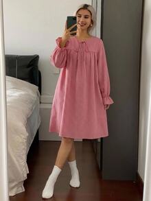 DAZY Plaid Half-Open Front Loose Long Sleeve Short Dress Women's Nightgown - Pink - View 6