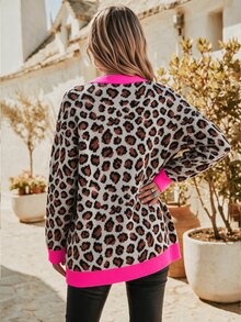 Balvessa Vintage Leopard Print V-Neck Single-Breasted Tortoiseshell Button Drop Shoulder Long Sleeve Ribbed Hem Lazy Women's Cardigan - Multicolor - View 2