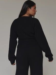 MUSERA Plus Size Black Knit Long Sleeve V Neck Cardigan Spring Summer Casual Everyday Day Outfit Going Out - Black - View 5